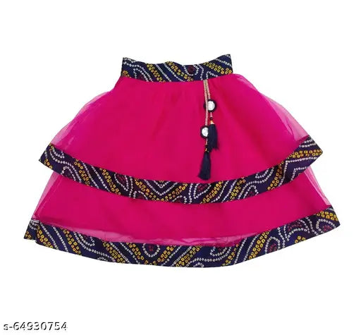 Elegant satin-bandhani print kid's lehenga choli set with net dupatta, perfect for special occasions and festive seasons