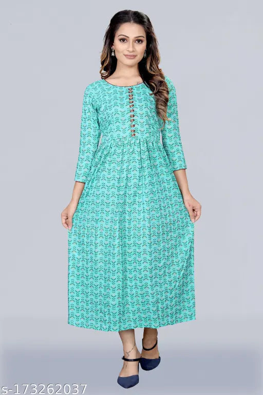 Rayon foil printed Chunnat Ghera Kurta, vibrant design on three-quarter sleeves, Indian designer gown-style kurta for women