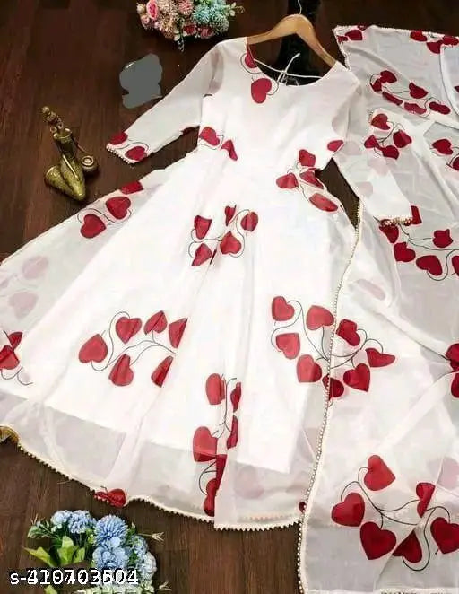 Trendy georgette floral long kurta with full sleeves and dupatta, for party wear by Indian designers