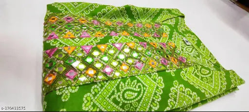 Green Rayon Bandhni Styles Kurti with three-quarter sleeves, embellished with multi-color applique embroidery, traditional Jaipuri Sanganei print. Women's fashion clothing accessory from India