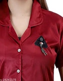 Maroon satin nightsuit with a notched collar, including shirt and pants