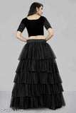 Black embroidered semi-stitched lehenga choli with net dupatta, featuring ruffle pattern and unstitched choli on a satin base
