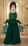 Green Georgette Kids Fancy Kurta Set with Embellished sleeves and Palazzo bottoms, on display