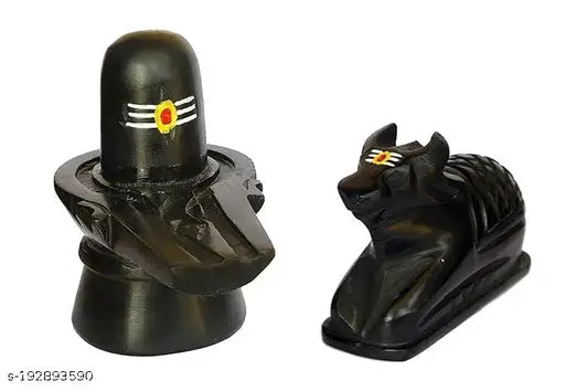 Black marble Shivling with Nandi, 5cm x 7cm x 5cm idol from India