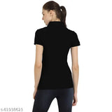 Black cotton T-shirts for women, short sleeves, solid color, comfortable and stylish with 4-button plackets and button-down collar. Made from 60% Cotton, 40% Polyester fabric, perfect for daily wear. Indian origin