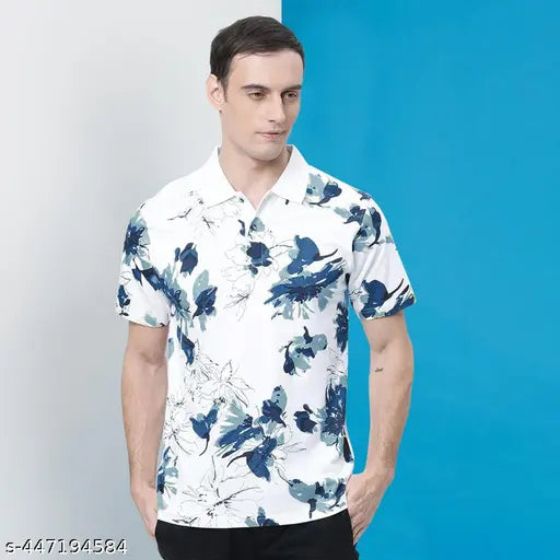 Men's floral print polo neck cotton blend T-shirt, white, short sleeves, ultra-soft, casual outfit accessory