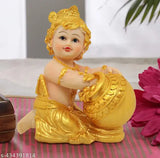Gold-plated resin Krishna Ji figurine with matki idol, 11cm tall, ideal for home decoration or gifting
