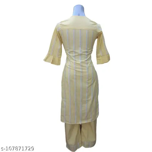 Trendy striped cotton kurta set with palazzos for women, featuring three-quarter sleeves, available in M, L, and XL sizes