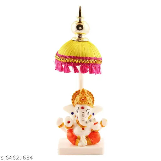 Marble & Polyresin Mukut Ganesh Idol with Fabric Chatri Stand - Elegant car dashboard, office, study room decor, perfect for divine gifting and creating a sacred atmosphere
