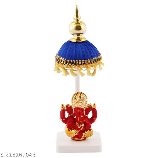 Red marble Ganesh idol, seated with blue chhatri and yellow chhalar, traditional Indian handicraft decor item