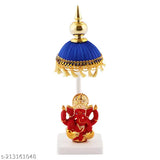 Red marble Ganesh idol, seated with blue chhatri and yellow chhalar, traditional Indian handicraft decor item