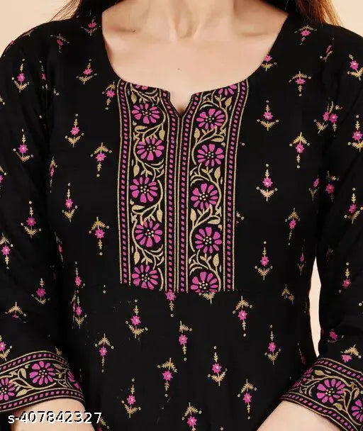 Rayon printed black Anarkali kurti, three-quarter sleeves, trendy design on display for women's fashion