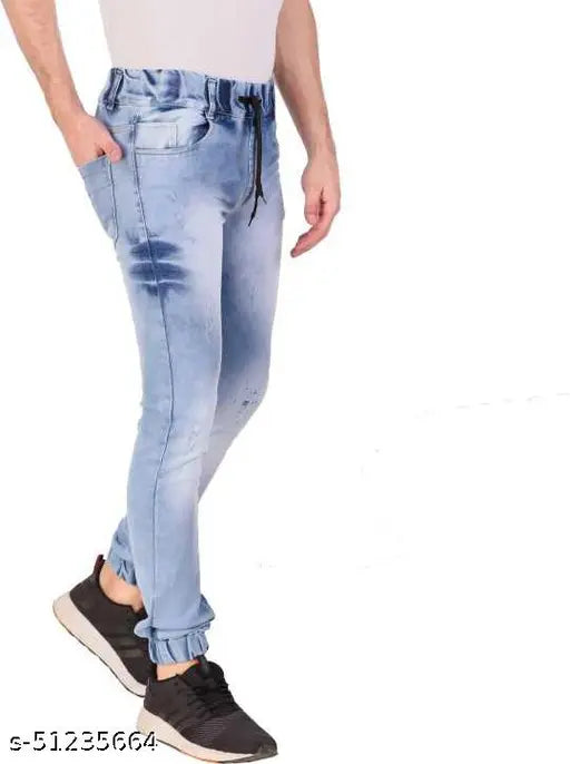 Denim light blue slim fit stretchable jogger for men, ideal for active wear and casual style