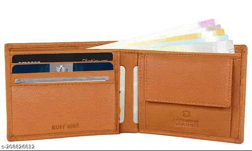 Buff Hide Leather RFID Protected Stylish Wallet, textured net design, 2 compartments for men, free size (11cm x 9cm)