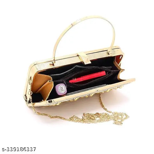 Golden purse with chain handle, sling bag design