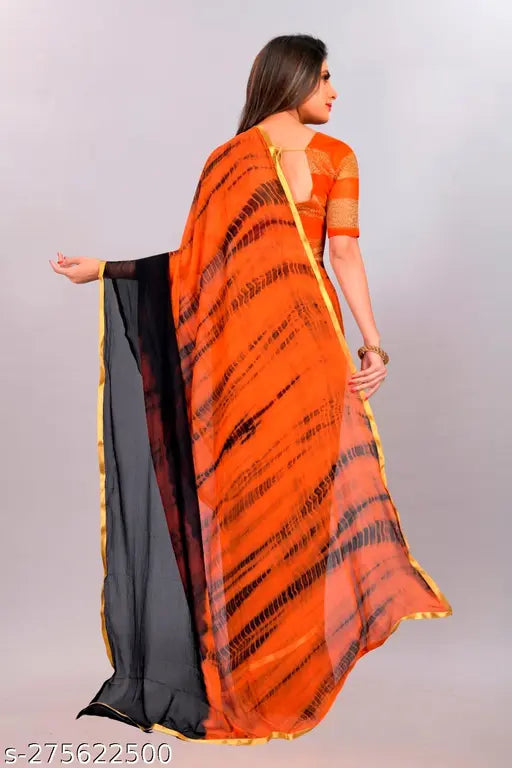 Orange chiffon printed Leheriya saree blouse piece, embellished with zari woven net - Indian festival wear