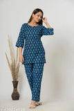 Cotton printed nightwear suit for women's co-ord set, three-quarter sleeves, India origin