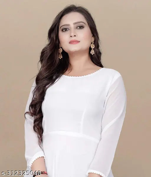 White georgette party dress with V neck