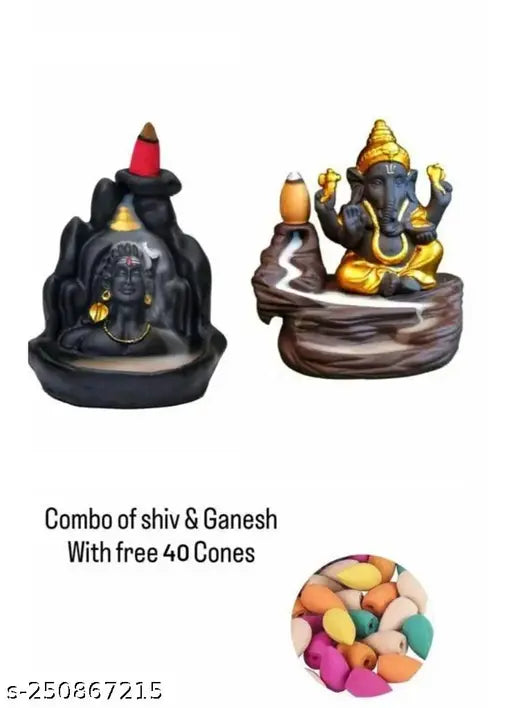 Yellow Ganesh & Adiyogi Shiva Polyresin Figurines with Smoke Backflow Combo, Indian handcrafted showpiece