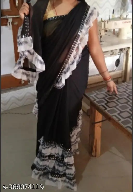 Black and white geometric print georgette saree with blouse piece