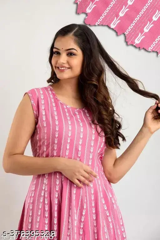 Rayon printed sleeveless Anarakli, vibrant three-quarter sleeve dress with intricate patterns, size S (Bust 36in, Length 42in) displayed on mannequin