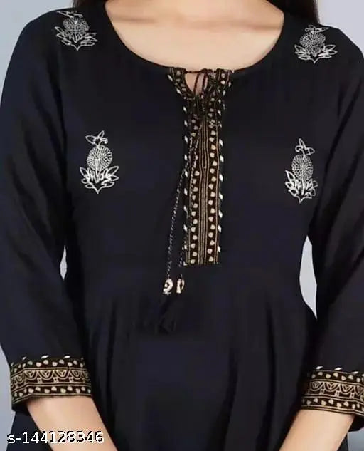 Gold print Anarkali gown in rayon fabric, three-quarter sleeves, colorful design. Women's ethnic wear from Tehzeeb Enterprises, India
