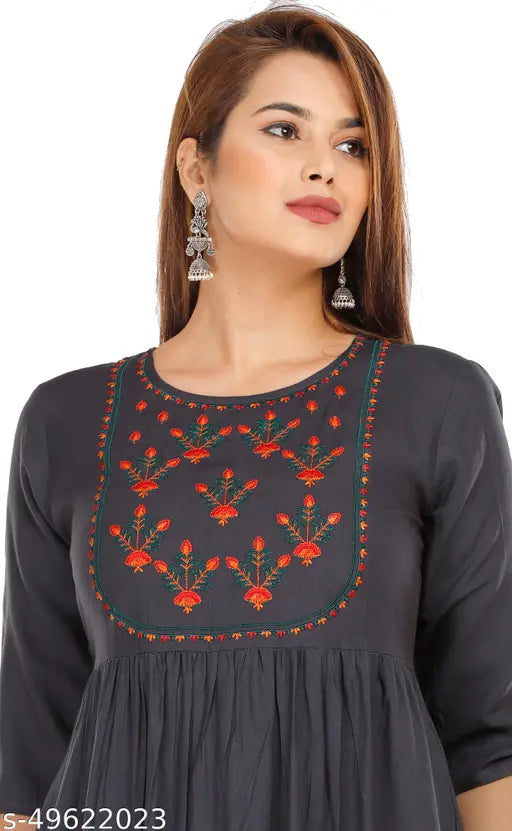 Grey rayon embroidered anarkali kurti, regular fit, trendy casual wear, office wear, slitted front for jeans, leggings, women's kurta