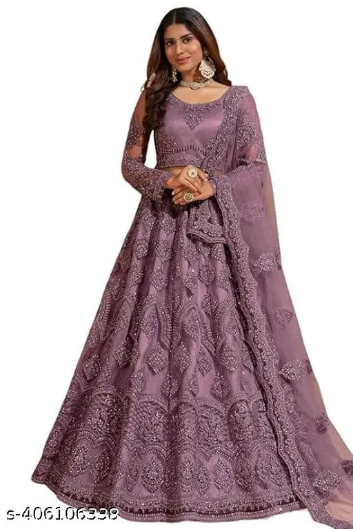 Indian designer net lehenga with semi-stitched choli and dupatta, embroidered with zari thread. Ideal for weddings, features nylon net and satin silk inner fabric