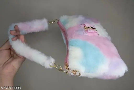 Cute faux fur sling bag for kids, handle, 3 compartments