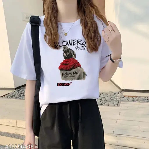 Oversized white t-shirt with graphic print, red cake, and text reading "FLOWER POWER