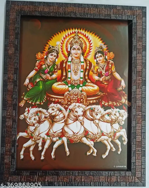 Gold-toned Lord Surya dev Narayan with 7 horses wall hanging photo frame, Indian origin, size 12x9 inches