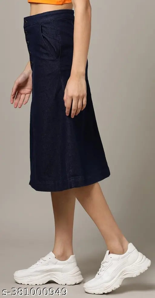 Navy Blue Buttoned A-Line Long Denim Skirt - Lightweight & Breathable denim skirt for women, perfect fit for all body types and trendy midi-calf length. Available in sizes from 26 to 46 (waist 26" - 46", hip 34" - 55"). Made in India