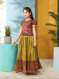 Aarika Girls embroidered maroon and green lehenga cholis, handcrafted brocade with lace work for contemporary Indian fashion (5-6 years: waist 29in, length 25in)