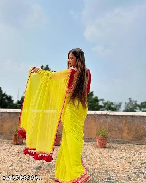 Lemon green Georgette saree with pink blouse & colorful Pink samosa lace design, Indian-made soft Georgette saree with Bangalori Silk blouse