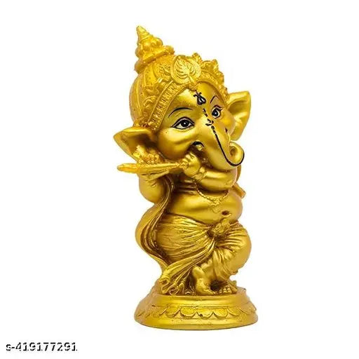 Artfully crafted poly resin Ganesha statue playing Bansuri, 10cmx14cmx10cm, ideal Diwali decor or home gift. Lord Ganesha offers blessings and protection