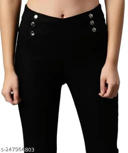 Black stretchable fabric, high waist, cinched at sides with buttons