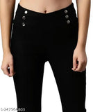 Black stretchable fabric, high waist, cinched at sides with buttons