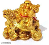 Golden resin laughing Buddha figurine on turtle, Feng Shui gift for wealth, success, happiness, good luck - 7cm x 1.5cm x 5.5cm