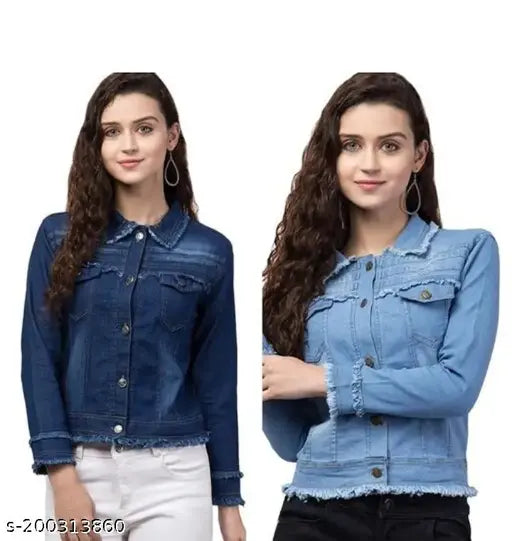 Light blue and dark blue denim combo jackets. Solid pattern, long sleeves, S-XL sizes. Made by Naz Creation, India