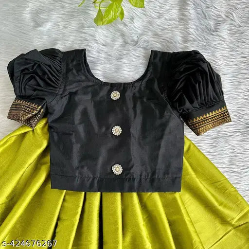 Girls ethnic art silk lehenga choli and dupatta set (Parrot), solid design for traditional festive wear