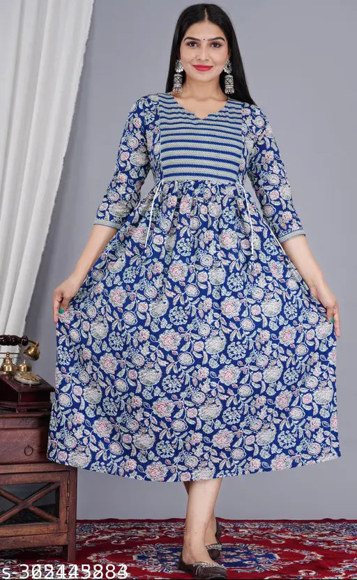 Refined blue and beige kameez with flared skirt, traditional embroidery, full length, women's wear