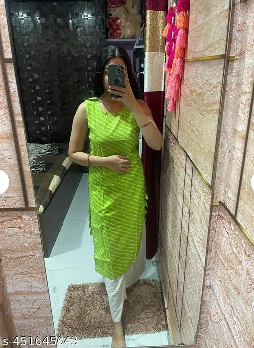 Green rayon kurta with white rayon palazzo set, sleeveless daily wear for women in Lahariya print style