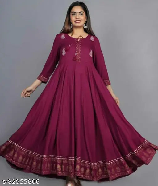 Rayon slub three-quarter sleeve Emb Printed Anarkali kurti in vibrant combo colors, latest Indian fashion wear