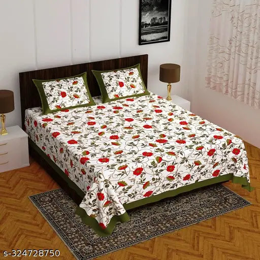 100% Cotton Rajasthani Bed Sheets Set with Red Floral Pattern, 2 Pillow Covers.