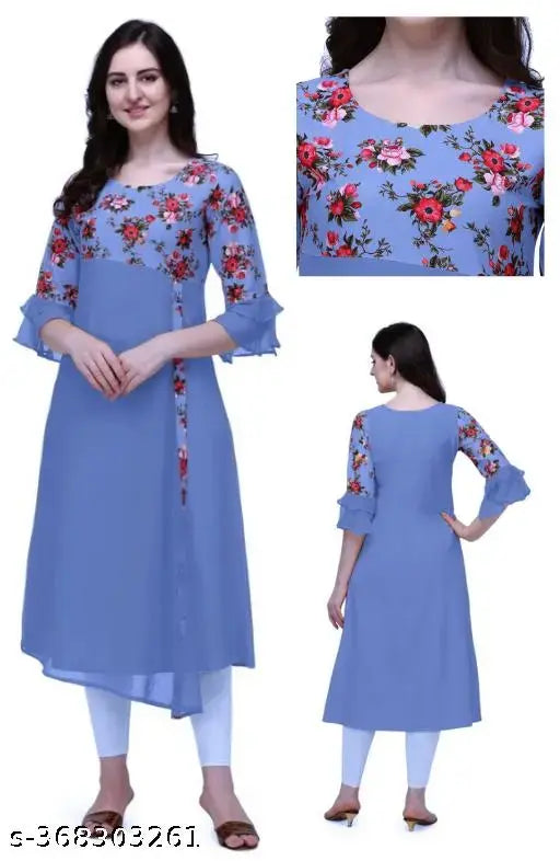 Women's A-Line Plus Size Crepe Kurti, printed combo three-quarter sleeves, available in multiple sizes from S to 6XL. On model wearing XL size