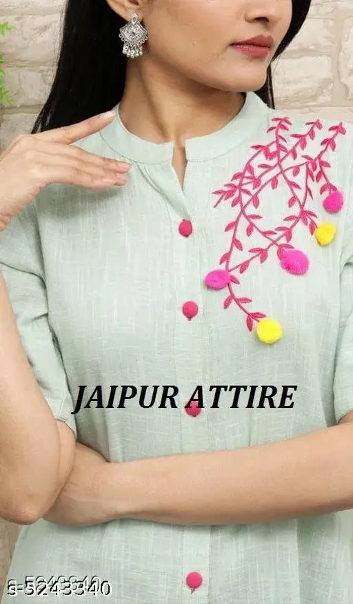 Embroidered cotton slub kurti, short-sleeved Indian women's clothing in S, XXL, XXXL