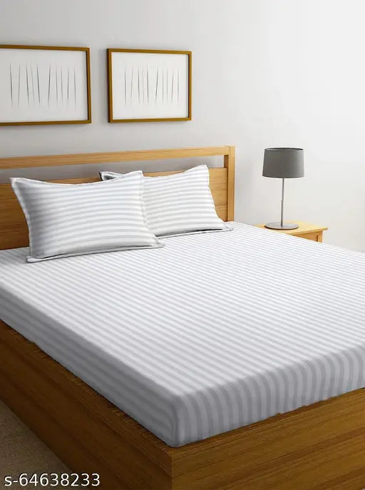 Superfine cotton glace striped double bedsheets by NEW LEAF, ideal for home or hotels. Set of 3 with 2 pillow covers." (124 characters)
