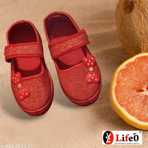 Red synthetic LifeO Bellies, solid-patterned rubber soles, open-back net detail for one pair, stylish footwear from India