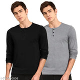 Indian-made, cotton blend, solid henley full sleeve combo T-shirts - XL & XXL