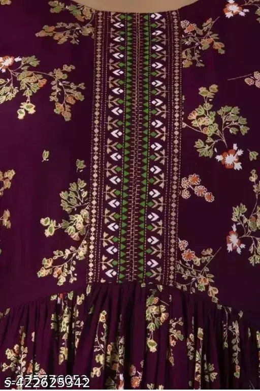 Wine rayon Anarkali Swati gown - three-quarter sleeve, printed combo, Indian fashion